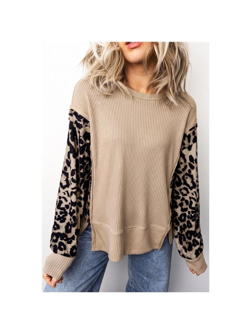 Leopard Sleeve Waffle Knit Split Hem Top